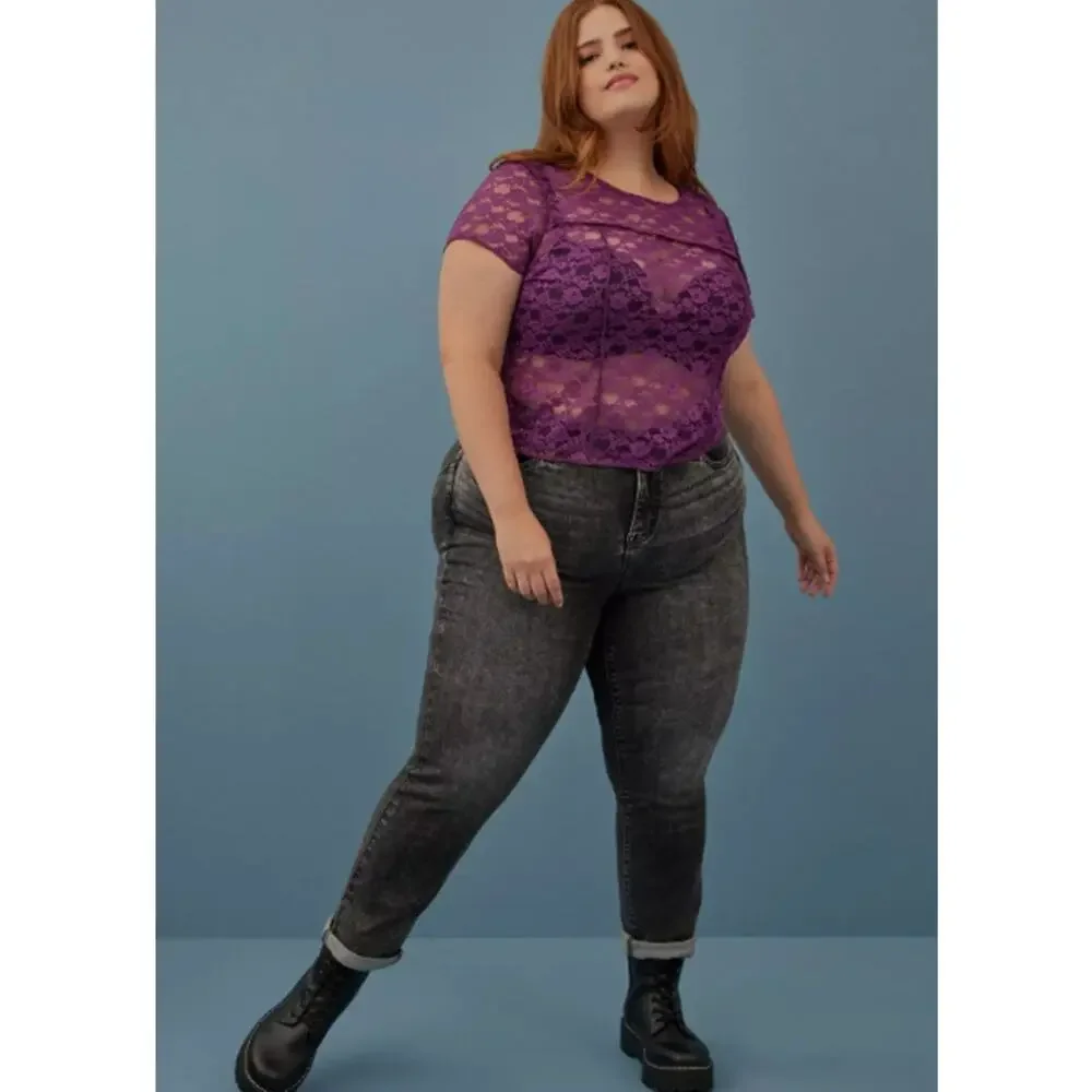 Sexy Sheer Torrid 1X CROP TOP Purple Haze Stretch Lace Festival Festi Blouse NEW - Picture 13 of 13